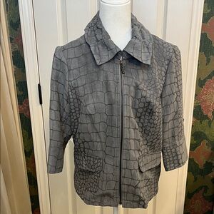 Elegant Gray Crocodile Pattern Bomber Jacket Size M